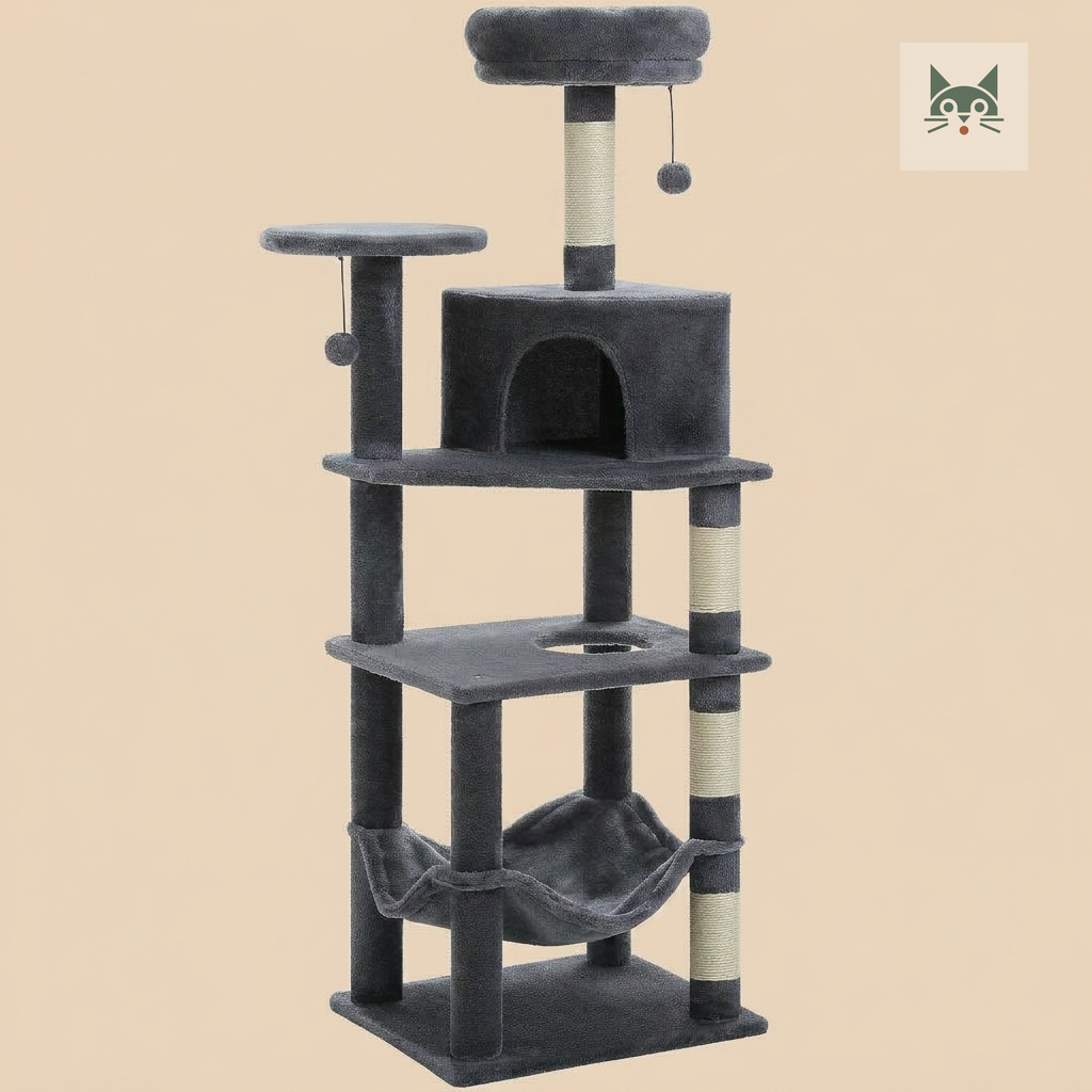 arbre à chat Maine Coon gris foncé avec niche spacieuse et poteaux renforcés pour chats lourds