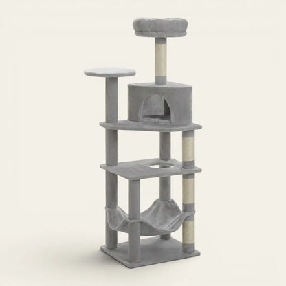 Arbre à chat Maine Coon gris avec couchage en hauteur, hamac renforcé et structure stable adaptée aux chats de grande taille