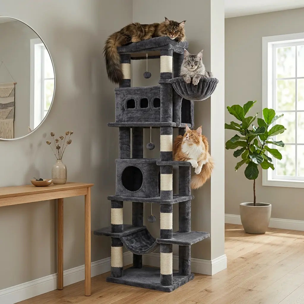 arbre à chat Maine Coon gris utilisé par plusieurs grands chats avec paniers et niches confortables