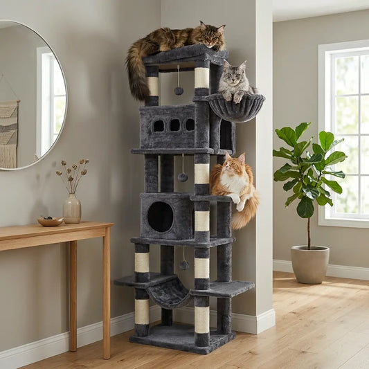 arbre à chat Maine Coon gris utilisé par plusieurs grands chats avec paniers et niches confortables