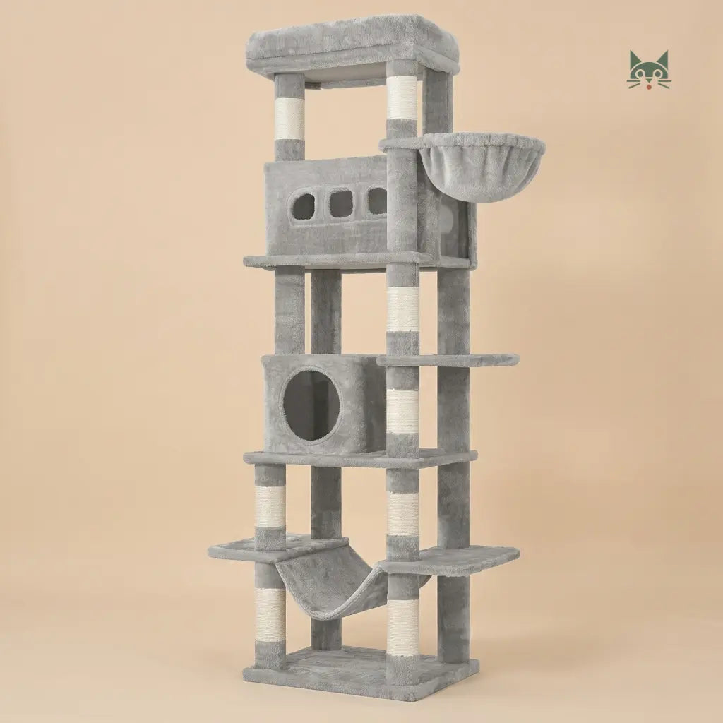 arbre à chat Maine Coon gris avec structure robuste et espaces confortables pour gros chats