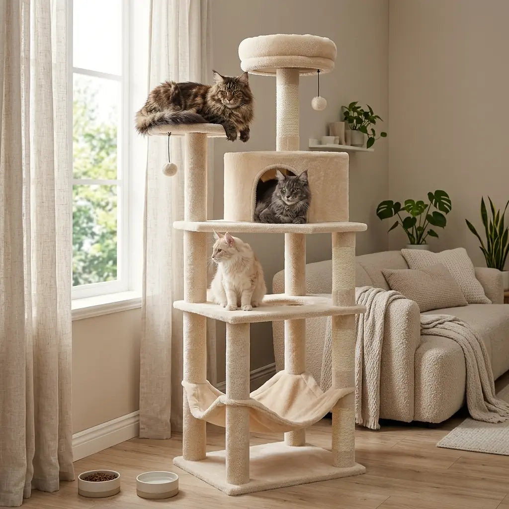arbre à chat Maine Coon avec plusieurs chats dans un salon moderne et confortable