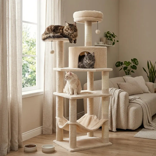 arbre à chat Maine Coon avec plusieurs chats dans un salon moderne et confortable