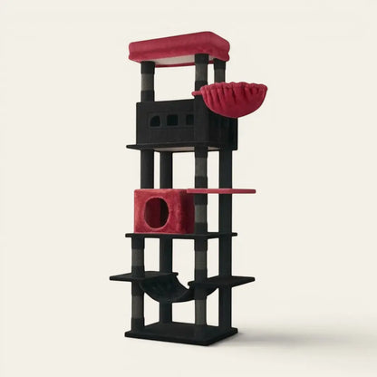 Arbre à chat pour Maine Coon noir et rouge avec plateformes d'observation, hamac XL et structure stable pour grands chats