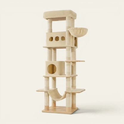 Arbre à chat pour Maine Coon beige avec grandes plateformes, niche confortable et hamac conçu pour les chats de grande taille