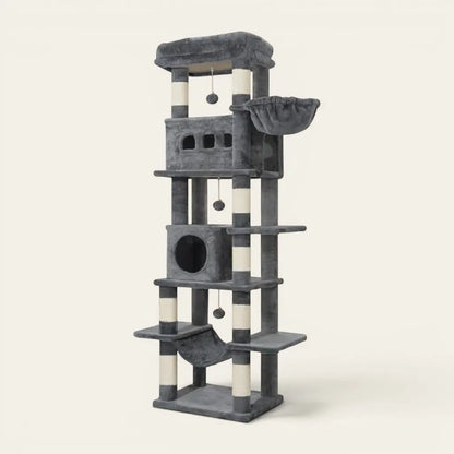 Arbre à chat pour Maine Coon gris avec hamac renforcé, plateformes XL et espaces de repos adaptés aux grands chats