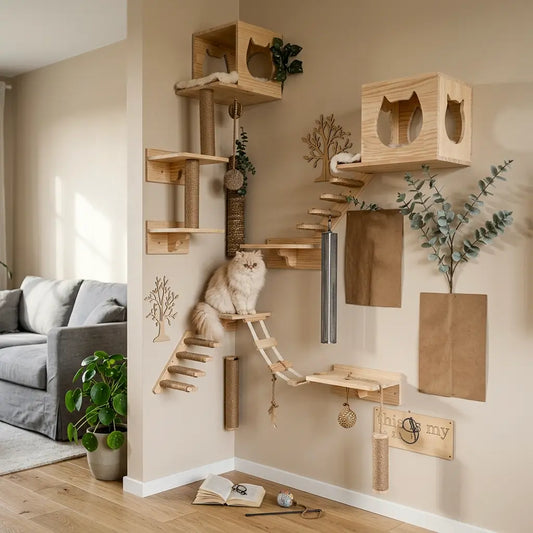 arbre à chat mural angle complet avec plateformes griffoirs et modules muraux en bois