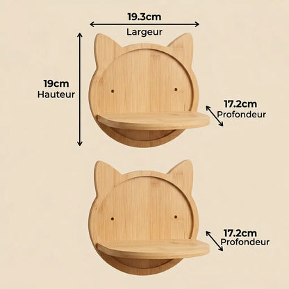 arbre à chat mural angle avec étagère murale forme tête de chat en bois