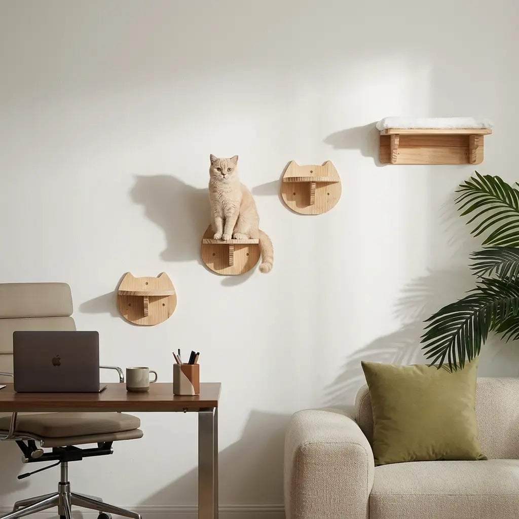 arbre à chat mural angle avec étagères murales en bois pour chat d'intérieur