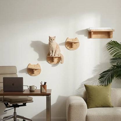 arbre à chat mural angle avec étagères murales en bois pour chat d'intérieur