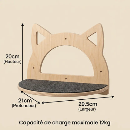 arbre à chat mural angle avec niche murale en bois forme tête de chat
