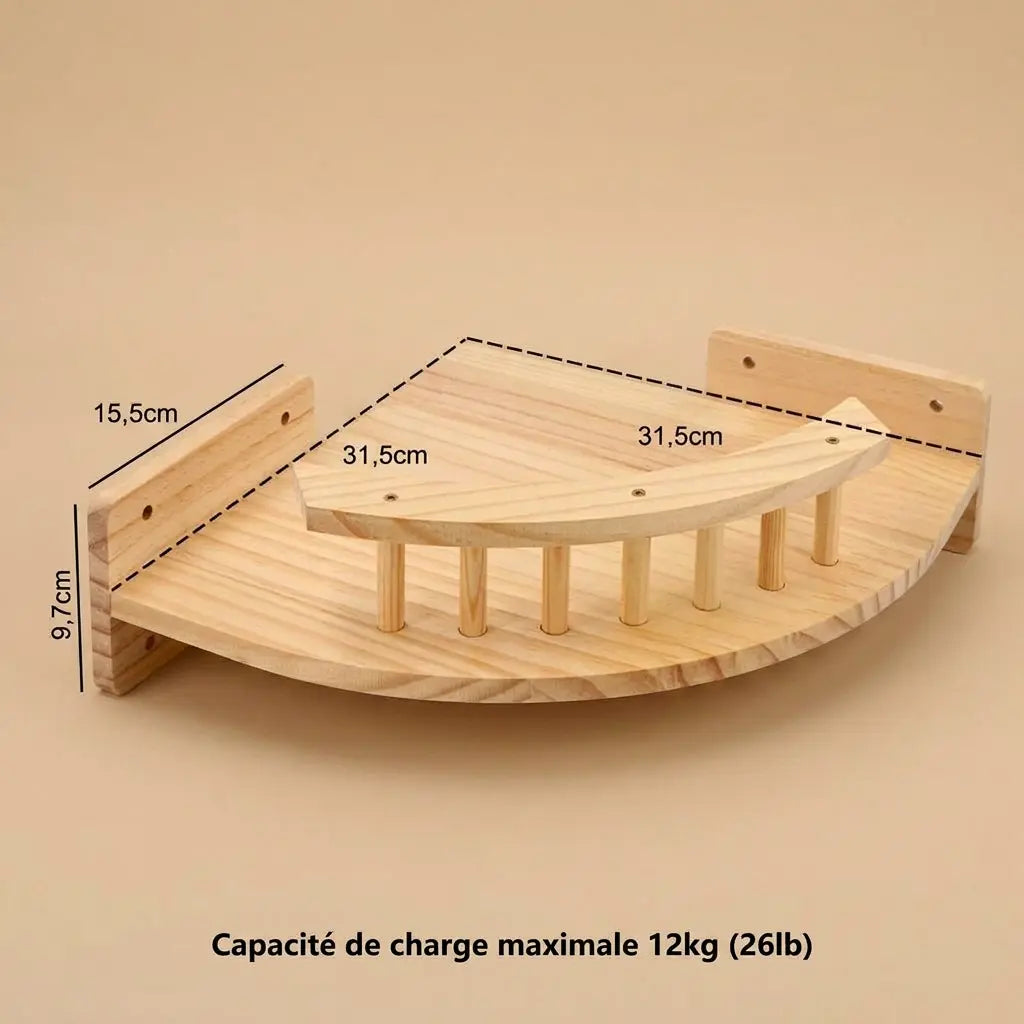 arbre à chat mural angle avec plateforme d'angle murale en bois naturel