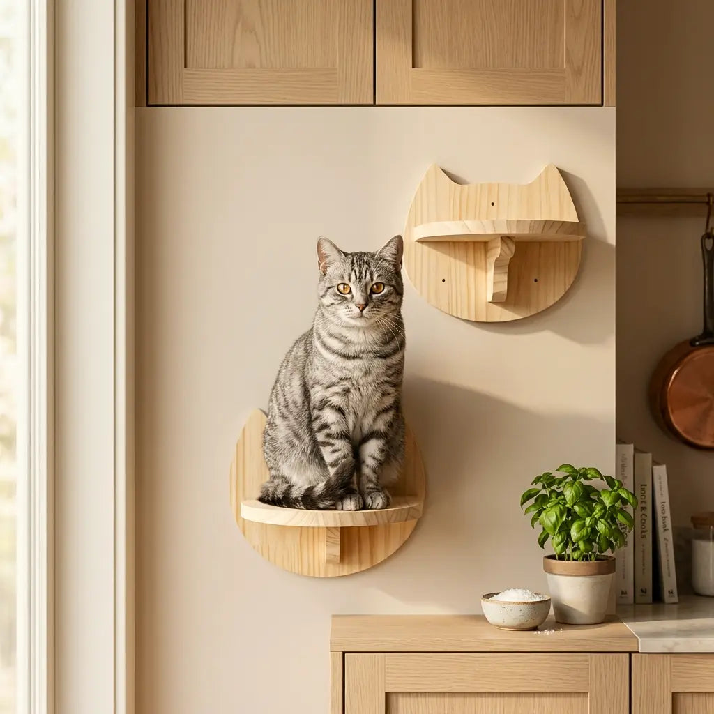 arbre à chat mural angle avec plateforme murale ronde en bois naturel