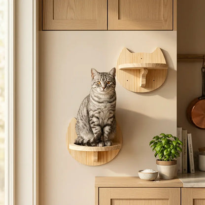 arbre à chat mural angle avec plateforme murale ronde en bois naturel