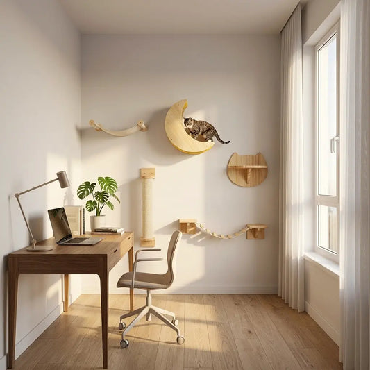 arbre à chat mural bois design avec hamac griffoir pont suspendu et étagère murale