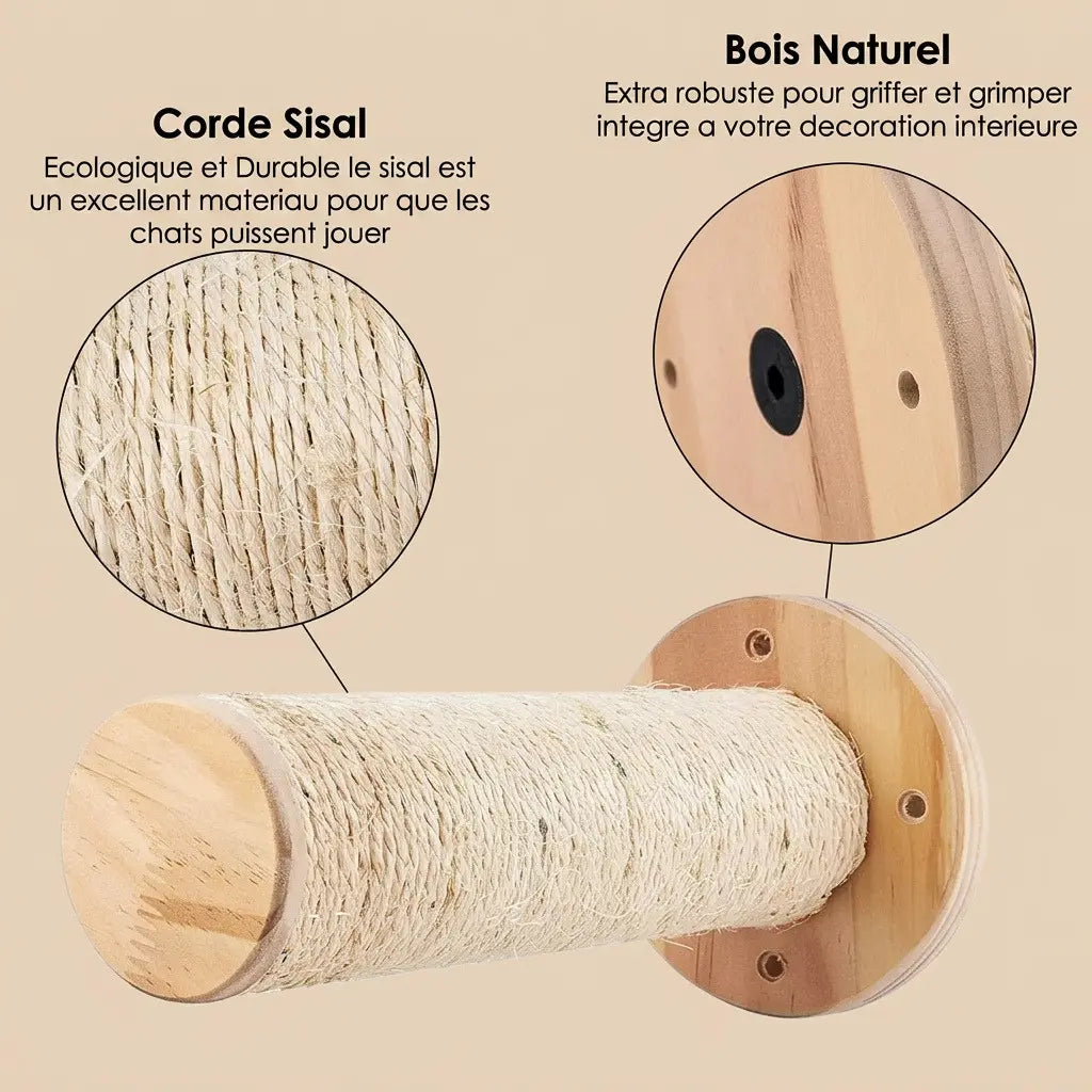 arbre à chat mural bois avec griffoir mural en corde sisal et bois naturel