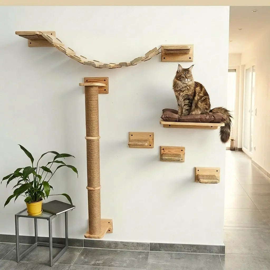 arbre à chat mural maine coon installation complète avec plateformes et griffoirs pour grand chat