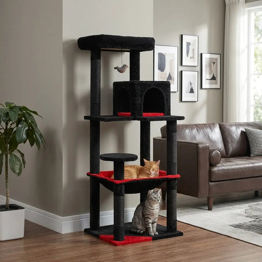 arbre à chat noir avec hamac et niches avec deux chats dans un salon moderne