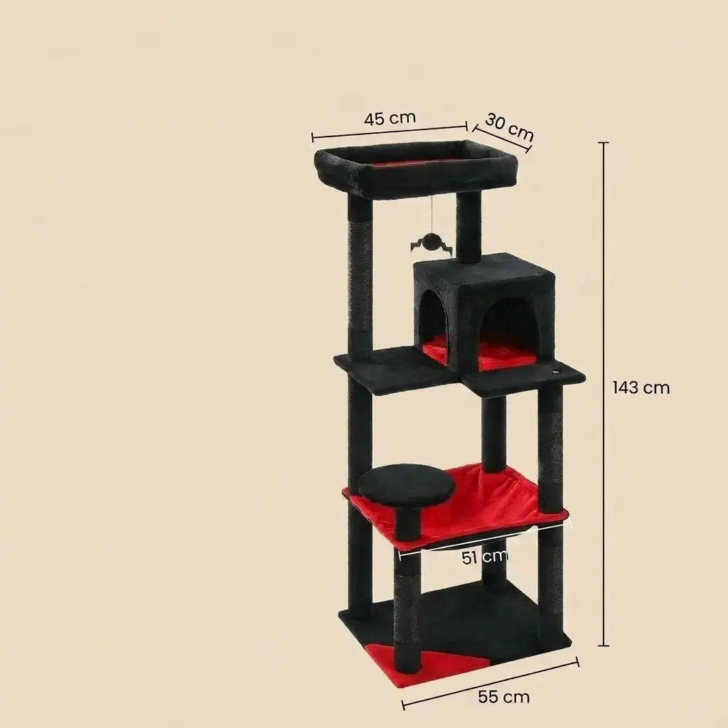arbre à chat noir avec hamac dimensions 143 cm avec plateformes et espace repos