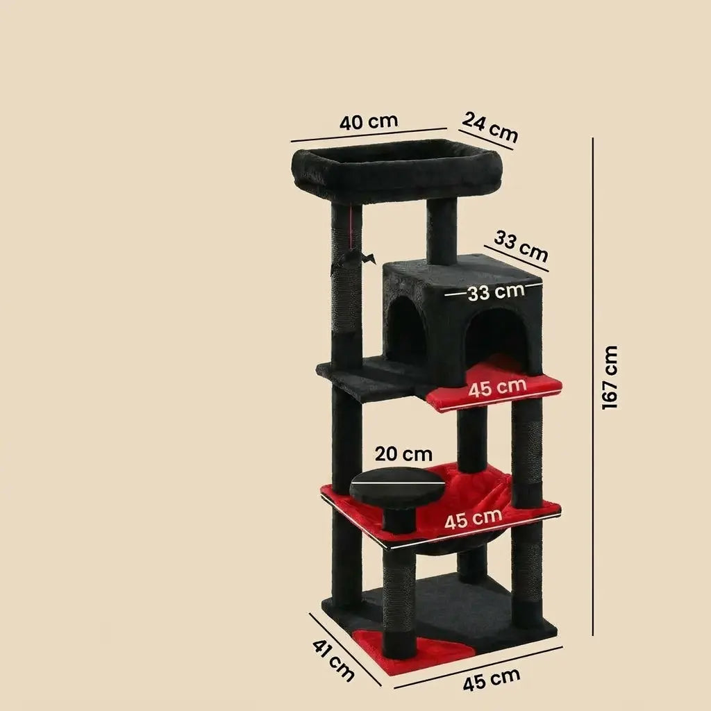 arbre à chat noir avec hamac dimensions détaillées hauteur 167 cm plateformes et niches