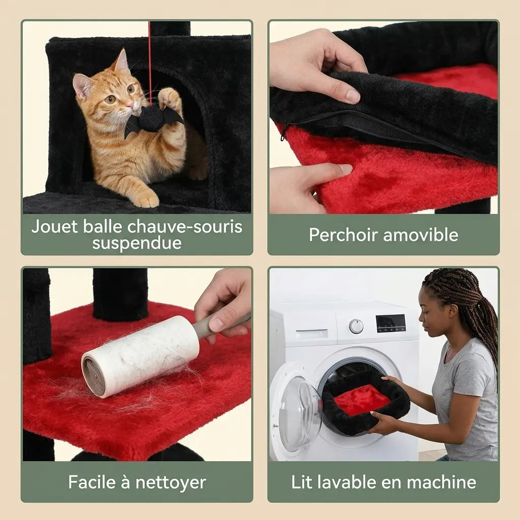 arbre à chat noir avec hamac jouet suspendu perchoir amovible et entretien facile