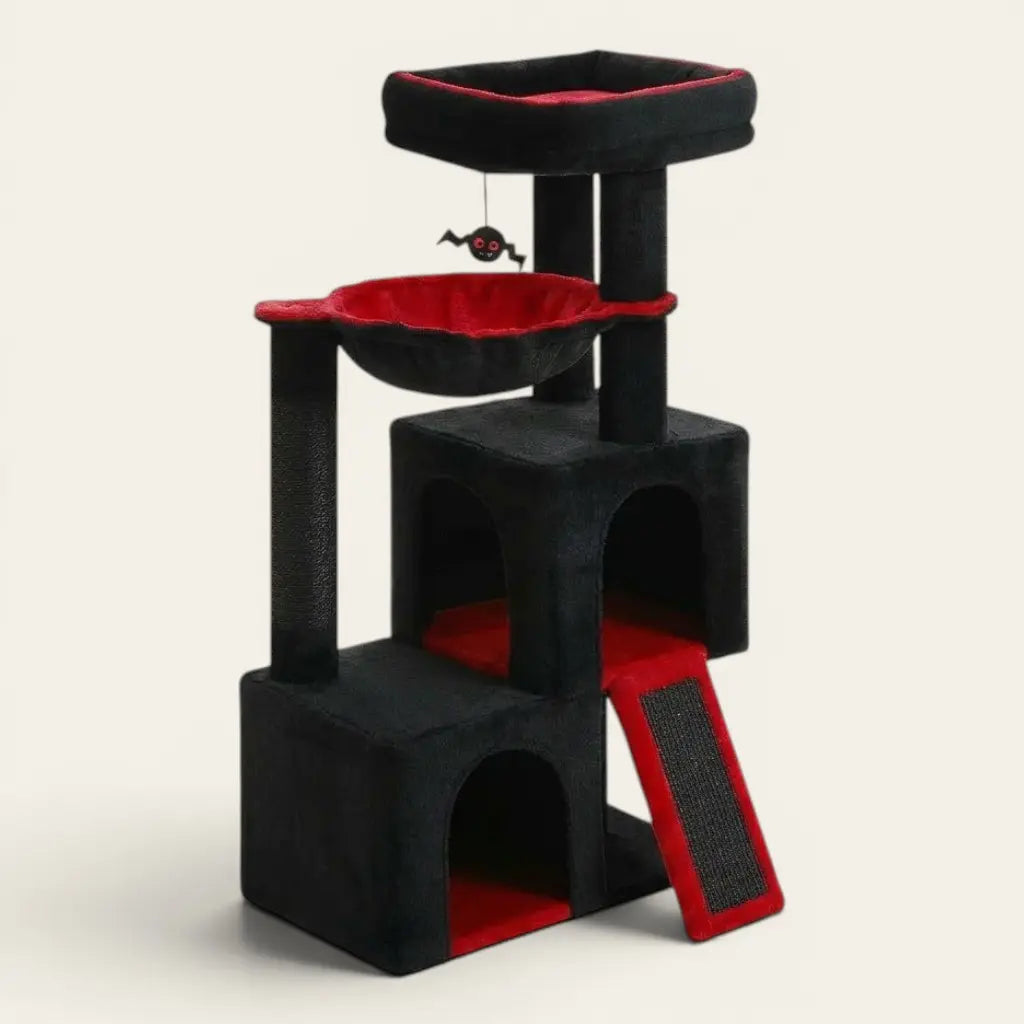Arbre à chat noir et rouge 100 cm avec hamac, niches et plateforme d'observation