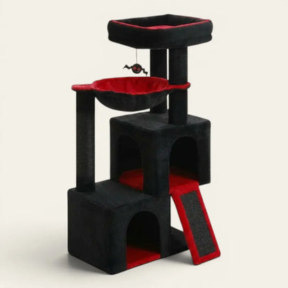 Arbre à chat noir et rouge 100 cm avec hamac, niches et plateforme d'observation