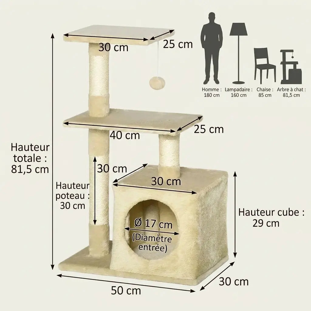 Arbre à chat pas cher beige de 81 cm avec niche confortable, plateformes d’observation et poteaux griffoirs en sisal