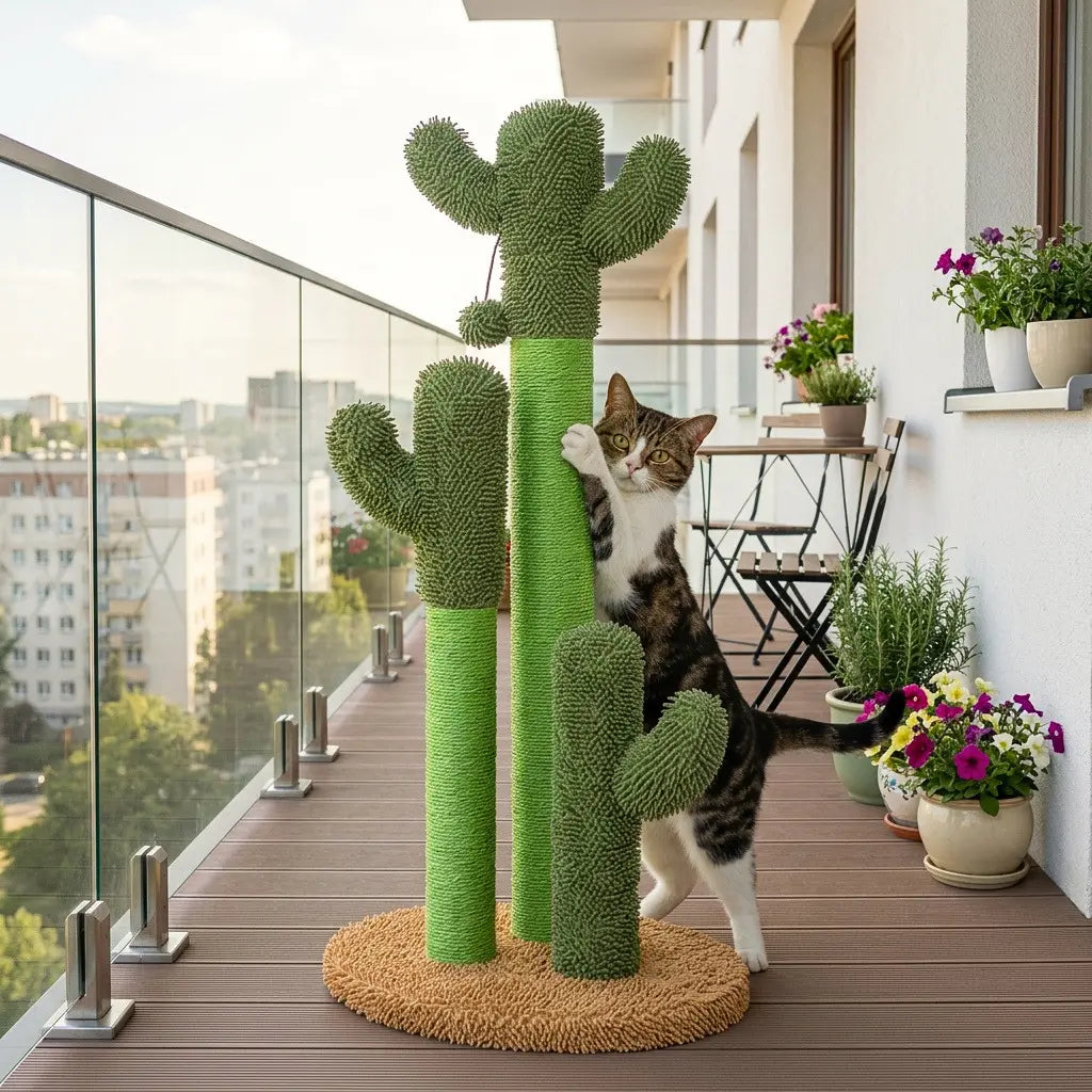 arbre à chat pas cher avec griffoir forme cactus et chat en extérieur sur balcon