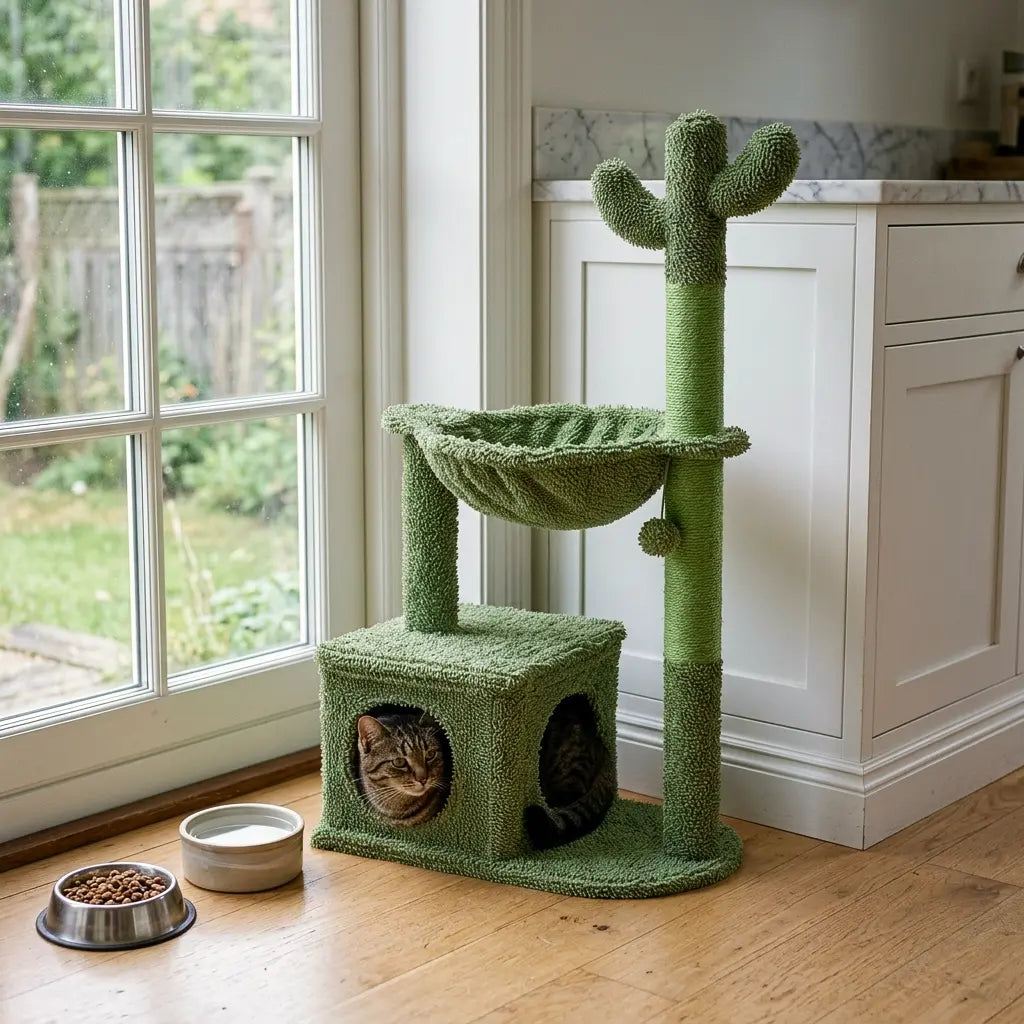 arbre à chat pas cher avec niche carrée hamac et griffoir forme cactus en intérieur