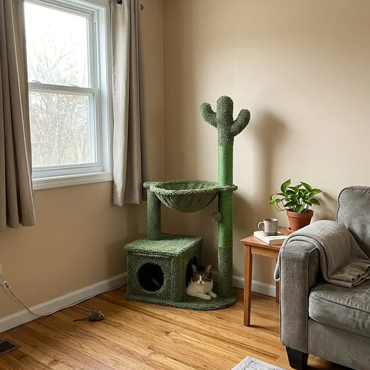 arbre à chat pas cher installé dans un salon avec niche hamac et griffoir forme cactus