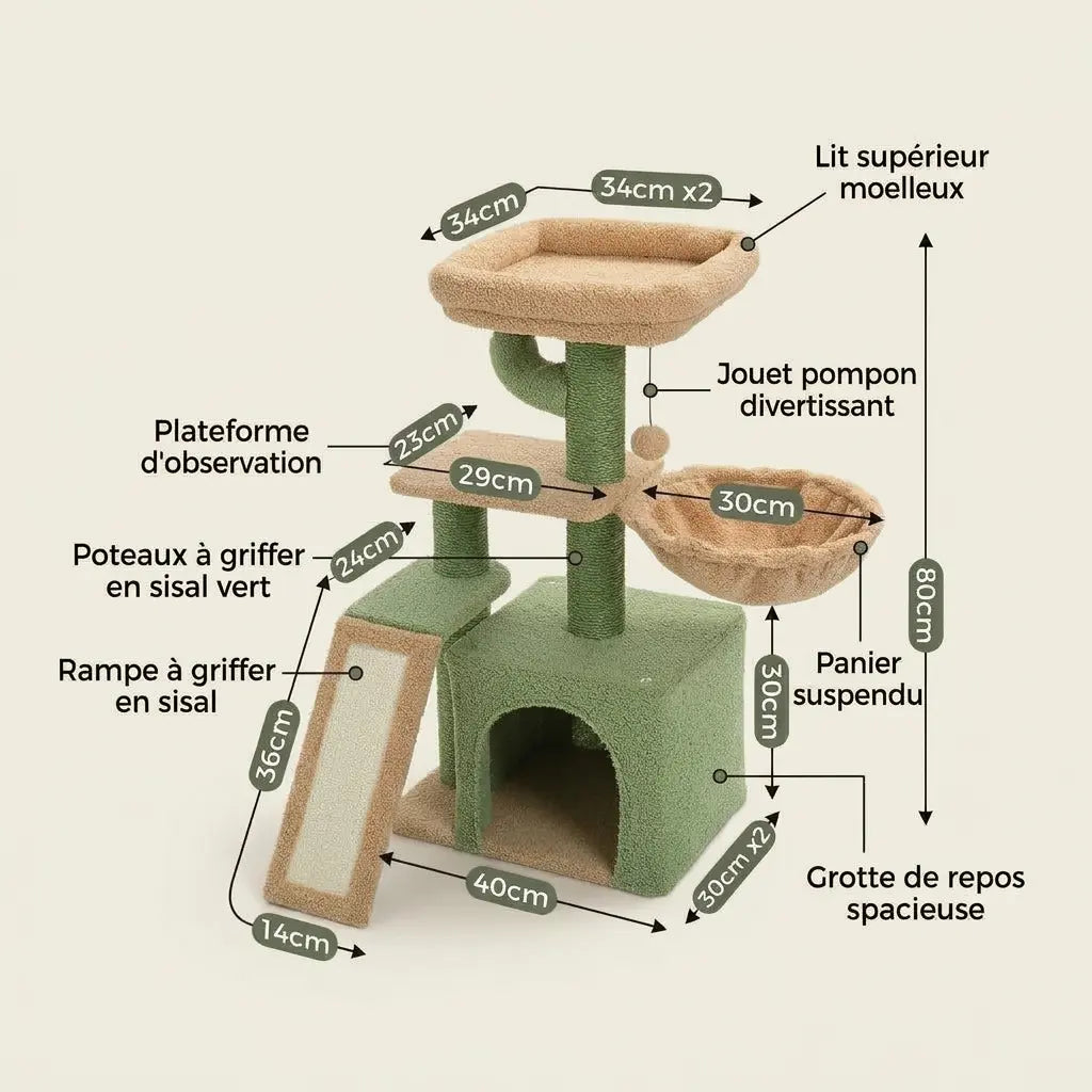 Arbre à chat petit avec hamac suspendu, niche de repos, plateforme griffoir et couchage surélevé