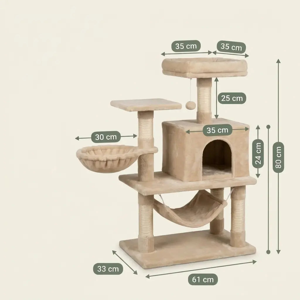 Arbre à chat petit avec hamac suspendu, maison confortable, plateforme de repos et couchage moelleux surélevé