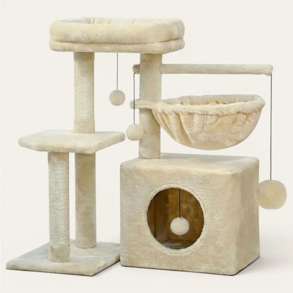 Arbre à chat petit avec hamac suspendu, niche confortable, plateforme intermédiaire et couchage surélevé