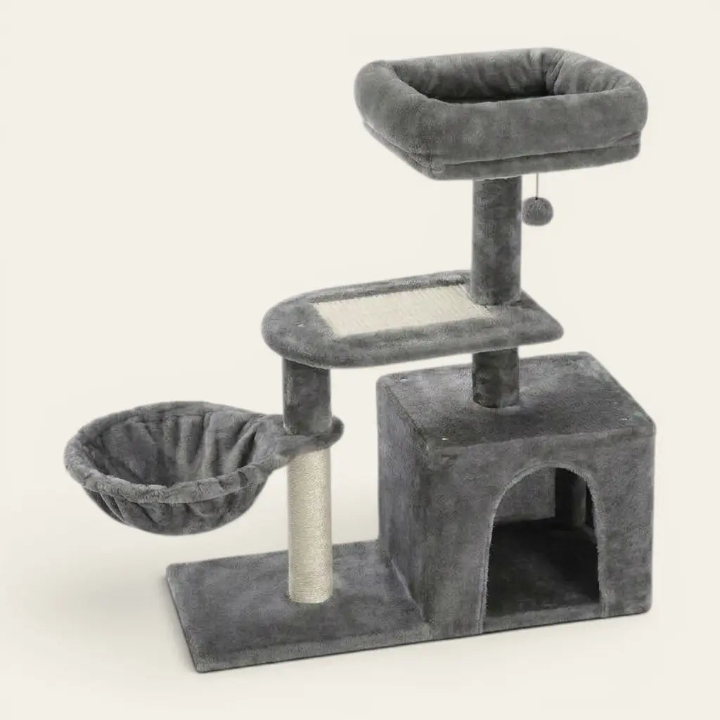 Arbre à chat petit gris avec hamac suspendu, niche confortable, plateforme griffoir et couchage surélevé