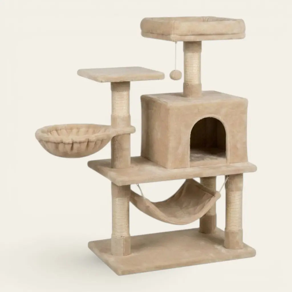 Arbre à chat petit format avec niche, hamac central, plateforme de jeu et couchage en hauteur