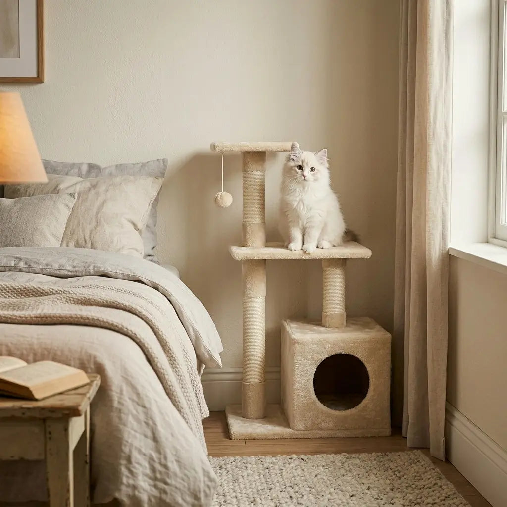 arbre à chat petit beige avec niche plateforme et balle suspendue dans une chambre