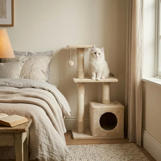 arbre à chat petit beige avec niche plateforme et balle suspendue dans une chambre