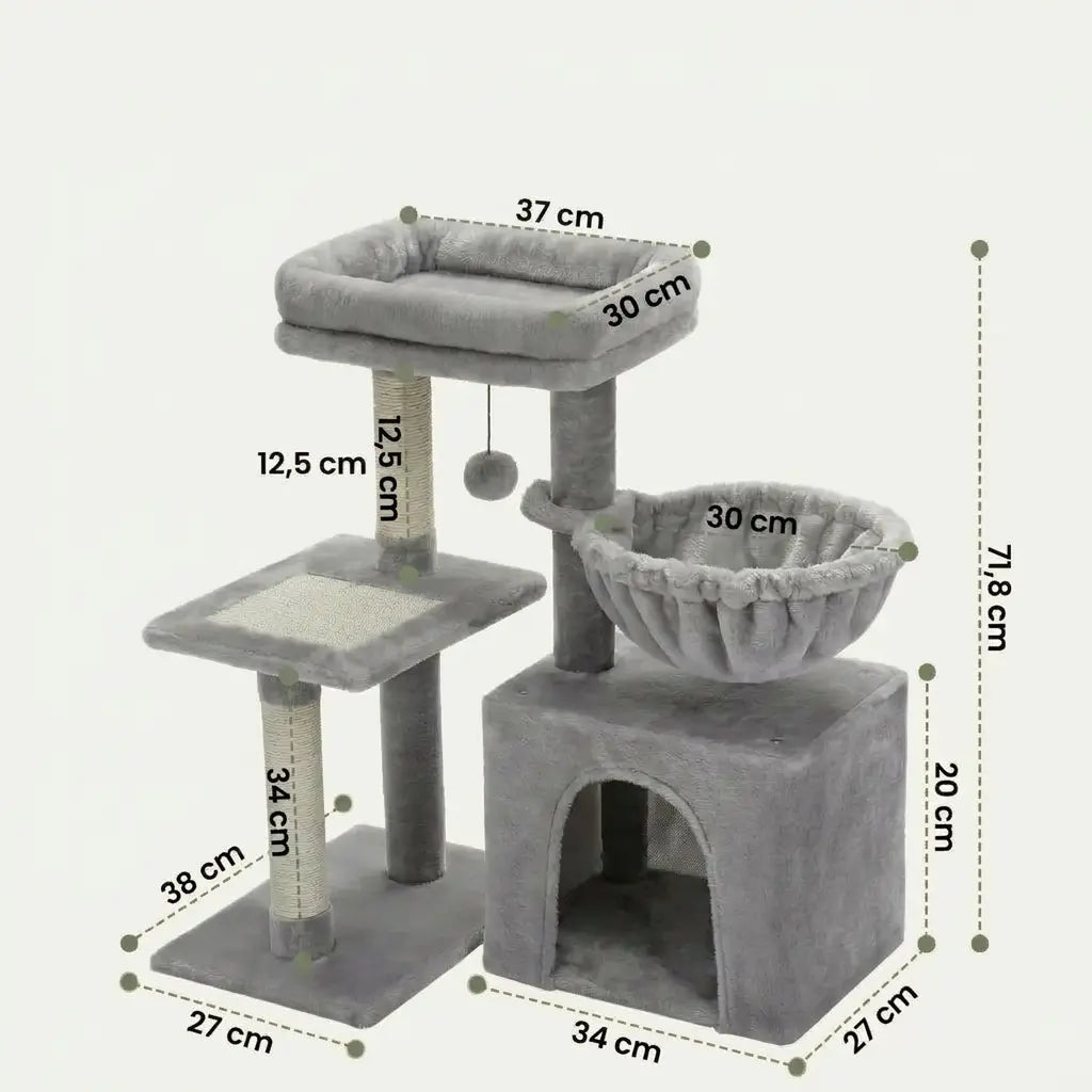 Petit arbre à chat compact avec hamac latéral, plateforme de repos, niche confortable et poteaux à griffer