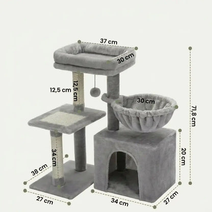 Petit arbre à chat compact avec hamac latéral, plateforme de repos, niche confortable et poteaux à griffer