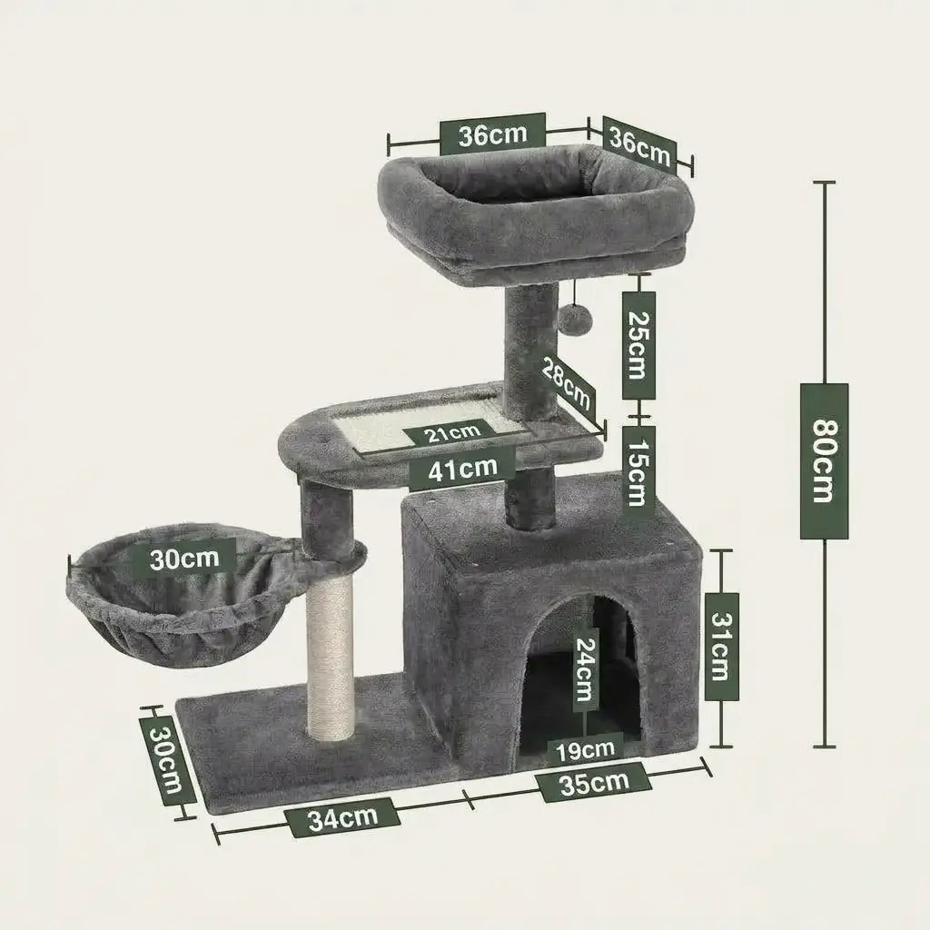 Arbre à chat petit gris avec hamac suspendu, niche fermée, griffoir intégré et couchage moelleux en hauteur