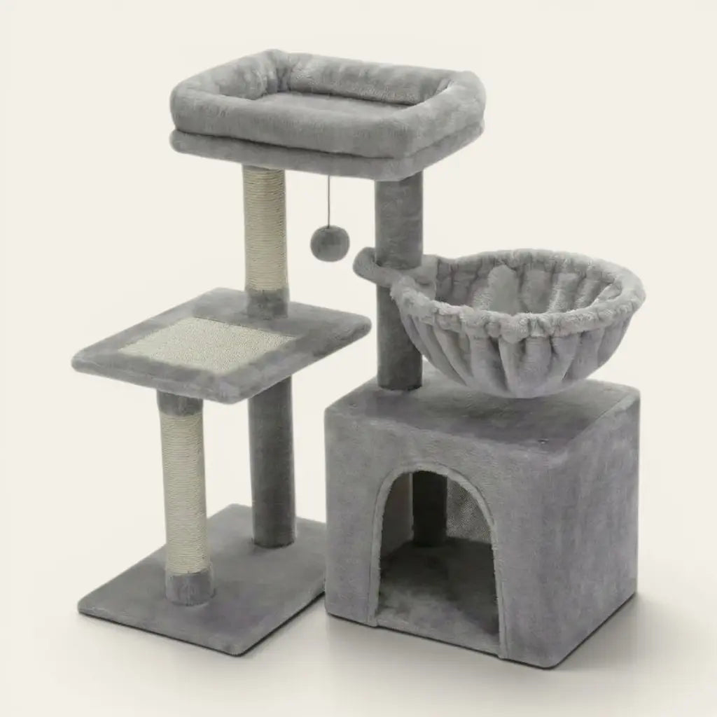 Arbre à chat petit avec hamac latéral, niche fermée, griffoir intégré et couchage moelleux en hauteur