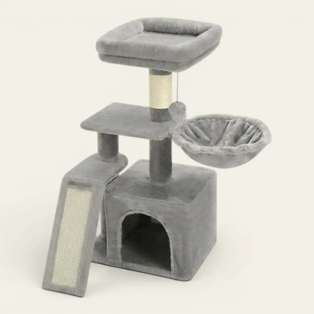 Petit arbre à chat multifonction avec hamac suspendu, niche de repos, rampe à griffer et plateforme surélevée
