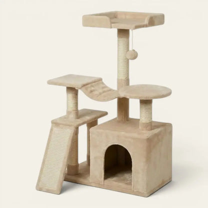 Petit arbre à chat multifonction avec hamac suspendu, niche fermée, poteaux à griffer et jouets suspendus