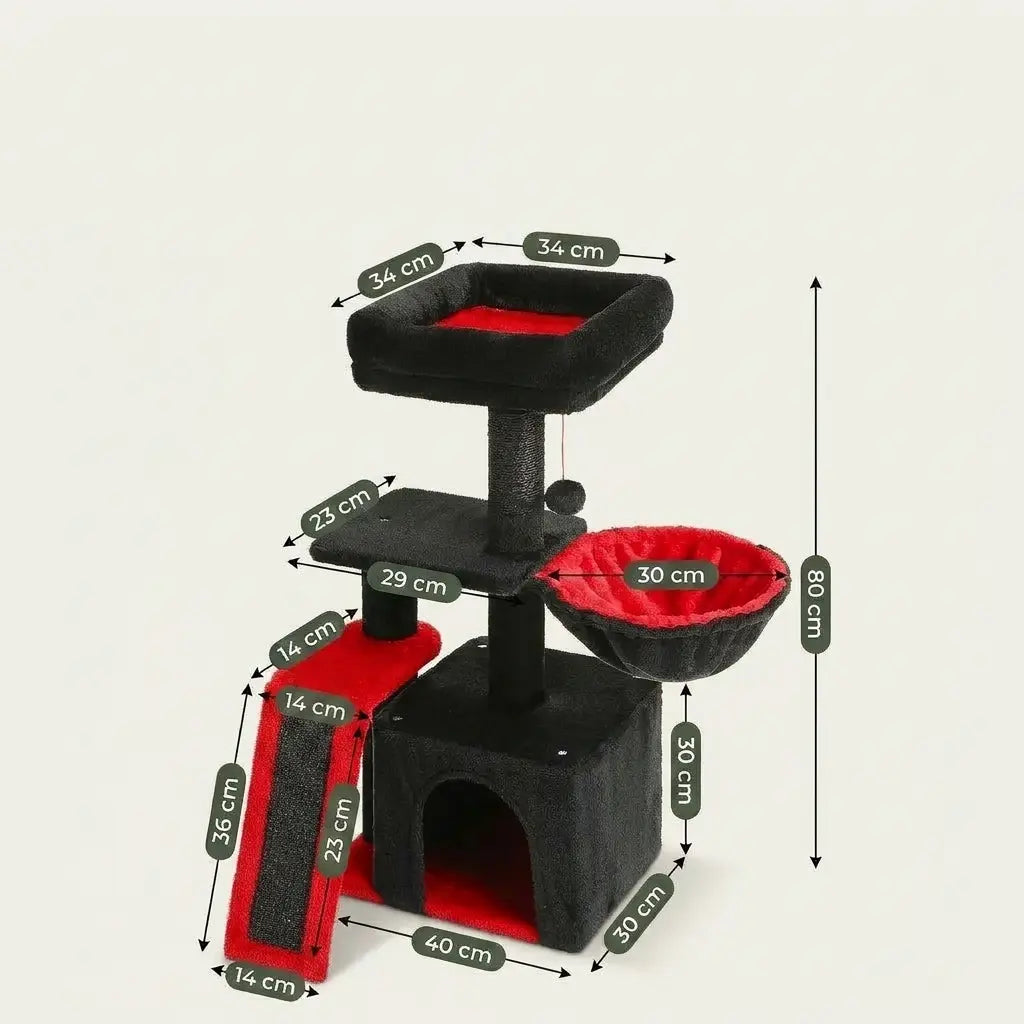 Arbre à chat petit noir et rouge avec hamac suspendu, niche de repos, rampe griffoir et couchage surélevé