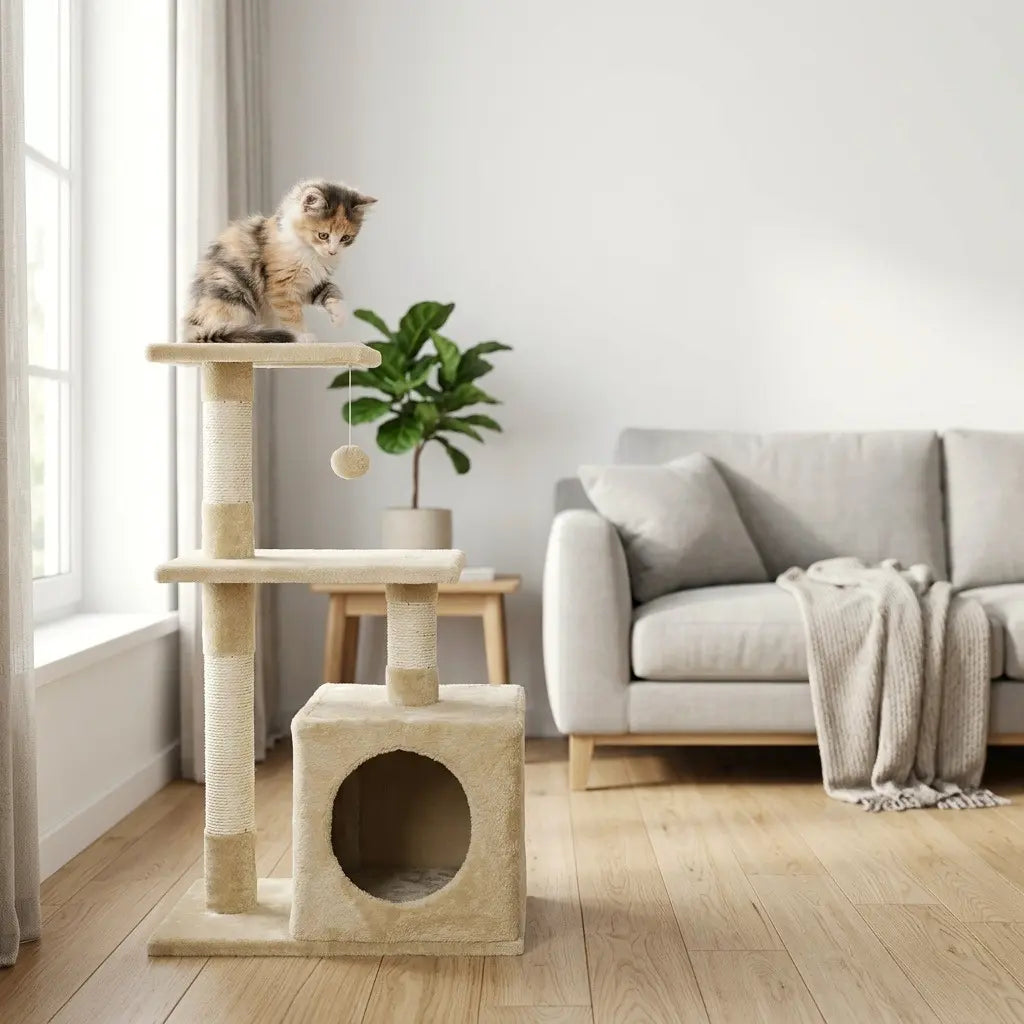 arbre à chat petit beige avec niche et plateforme installé dans un salon lumineux