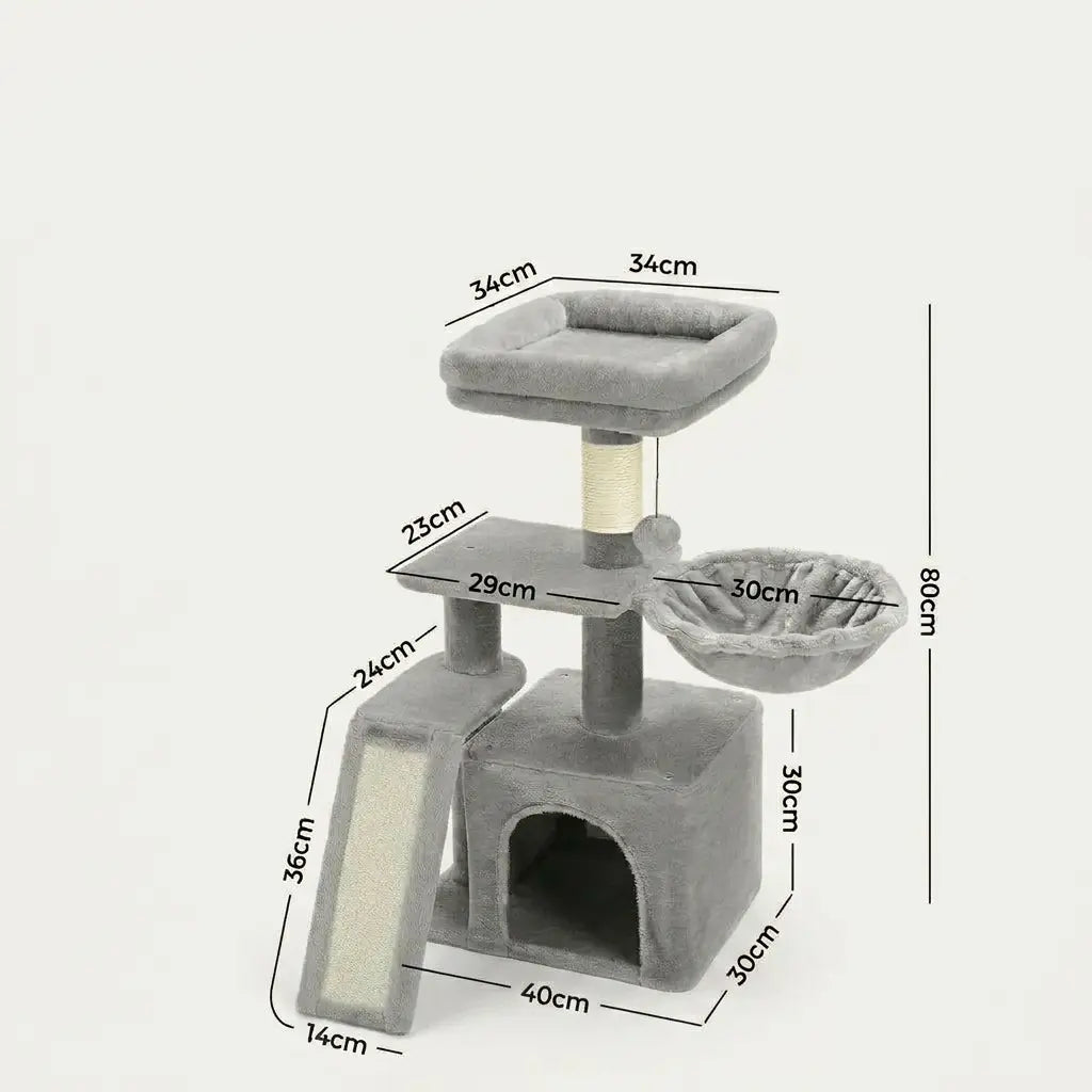Petit arbre à chat vert avec hamac confortable, rampe à griffer, niche spacieuse et plateforme d'observation