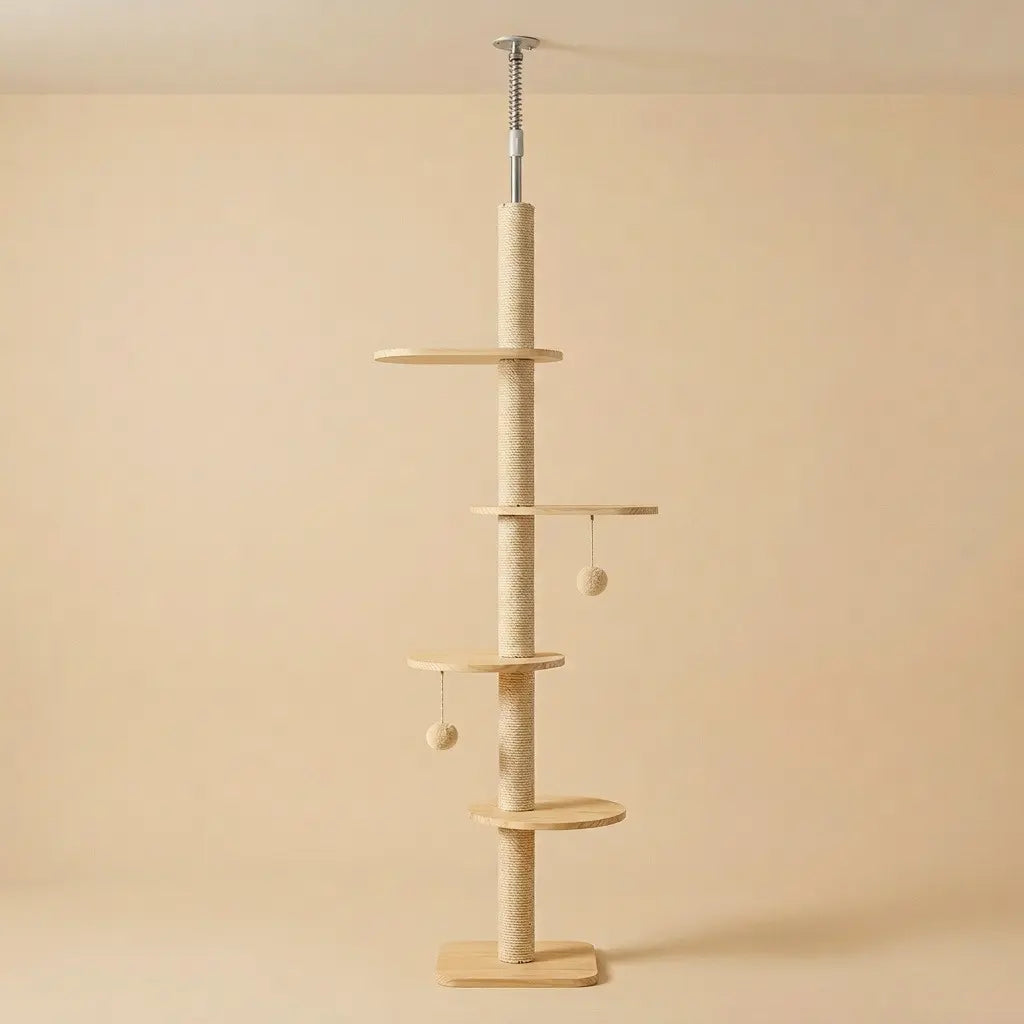 arbre à chat plafond en bois clair avec plateformes rondes et poteaux griffoirs