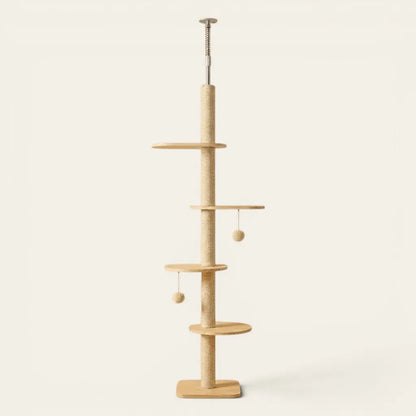 Arbre à chat plafond bois naturel avec plateformes d'escalade, griffoirs en sisal et jouets suspendus