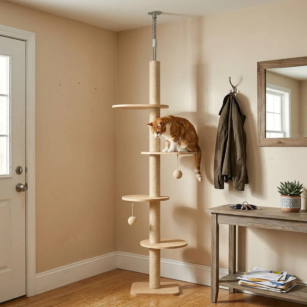 arbre à chat plafond en bois naturel avec plateformes rondes et jouets suspendus